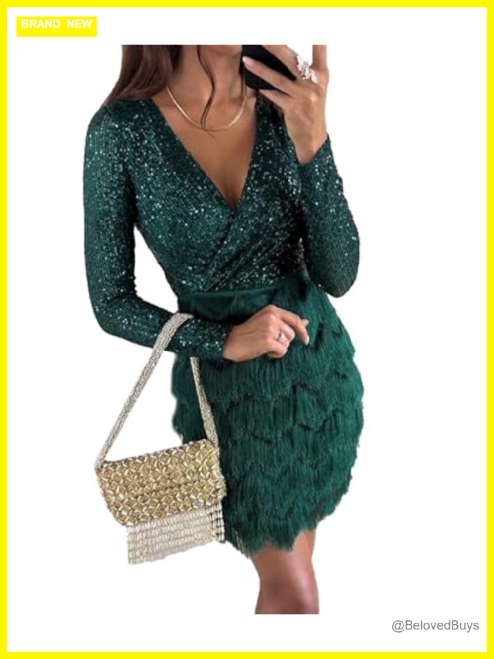 Sequin Wrap Mini Dress Long Sleeve Fringe Hem V-Neck Cocktail